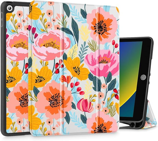 Tuiklol Case for iPad 10.2 Inch 2021 2020 2018 Release 9th / 8th / 7th Generation Built-in Pencil Holder TPU Protective Stand Back Cover Trifold Stand-Auto Wake/Sleep Vibrant Floral