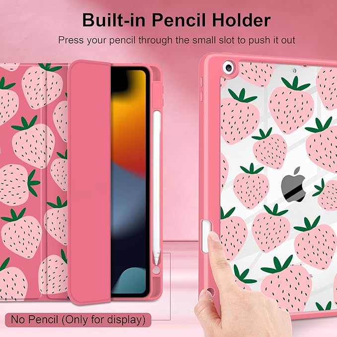 MEEgoodo Case for iPad 10.2 inchTablet Cases for iPad 9th Generation 2021/8th Gen 2020/7th Gen 2019 with Clear Acrylic Back Shell+Pencil Holder+Auto Wake/Sleep+Trifold StandMinimalist Strawberry
