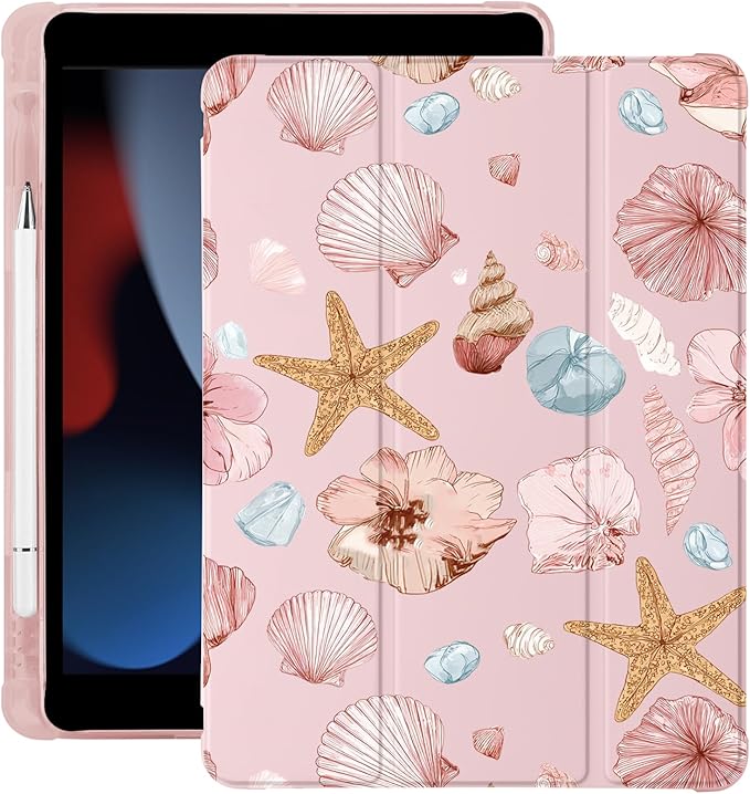 Cute Sea Shell Starfish for iPad (A16) 11th Generation Case 11 Inch 2025 for iPad 10th Generation Case 10.9 Inch 2022 with Pencil Holder Auto Sleep/Wake Pink Leather Soft TPU Back Cover