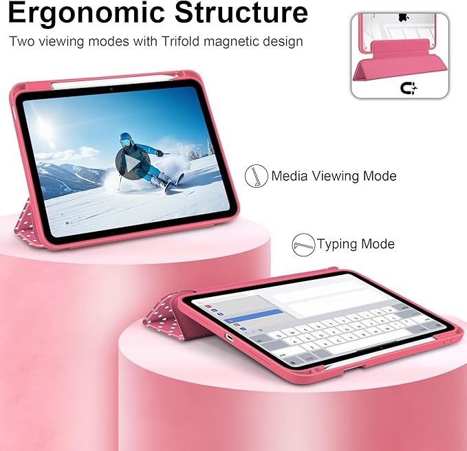 Case for iPad A16 11th Generation 11 inch 2025 iPad 10th Generation 10.9 inch 2022 -[Built-in Pencil Holder] Shockproof Clear Hard Back Trifold Stand Auto Wake/Sleep Rose red White dot