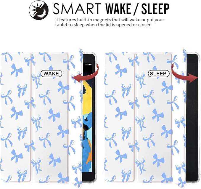 JOYLAND White Pad Case for iPad 5th/6th Generationwith Pencil Holder-Auto Wake/Sleep-Blue Bow Pattern Anti-Scratch Shockproof Premium Folio Stand Case for iPad Air 29.7 inch