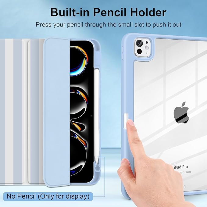 MecBevia Case for iPad Pro 11 inch M5 2025 / M4 2024 (6th/5th Gen) A3357 A3358 A3359 A2836 A2837 A3006 – Built-in Pencil Holder &amp Auto Wake/Sleep Blue Stripes