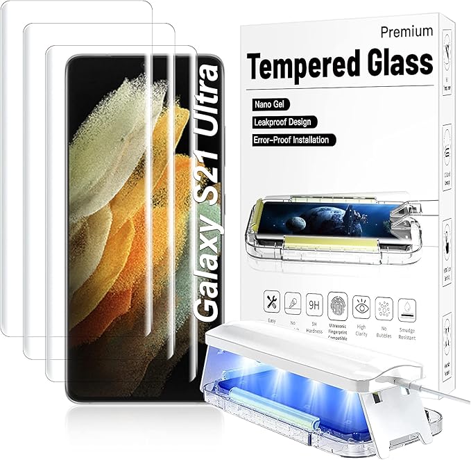 3 Pack【Auto Alignment】 S21 Ultra Glass Screen Protector 3D Curved Tempered Glass Shield Support Fingerprint Unlocking Scratch &amp Impact Protection Full HD Clear &amp Smooth Touch (transparent)