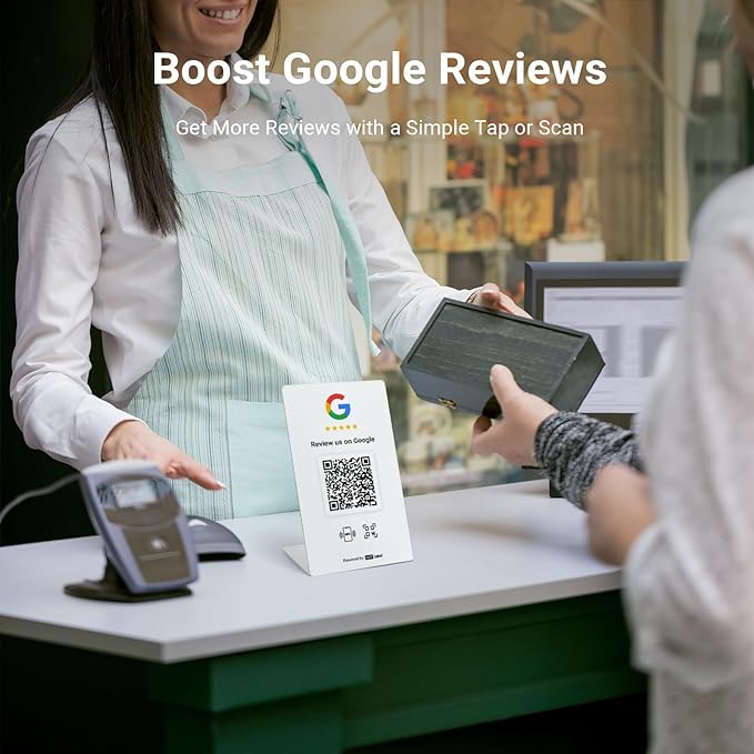 HotLabel Review Stand 1-Pack + Bonus Review Tap Card 1-Pack + For Boosting Business Reviews + White + NFC Tap &amp QR Code + Supports 2 Different Stores or Same + No App/No Subscription