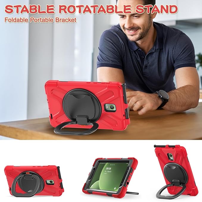 Rugged Case for Samsung Galaxy Tab Active5 5G (SM-X306B/X300) w/ 360° Rotating Hanging Ring Handle Grip Kickstand Heavy Duty Shock-Proof Armor Cover w/Shoulder Strap Stylus Holder (Red)