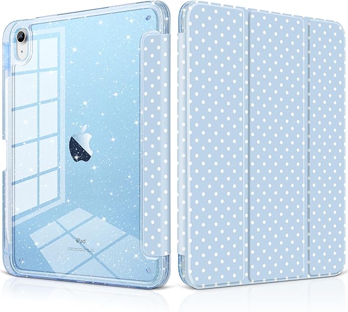 MEEgoodo Case for iPad A16 11th Generation 2025/10th Generation 2022 Glitter Tablet Cases with Transparent Acrylic Back+Trifold Stand +Pencil Holder+Auto Wake/SleepBlue &amp Polka Dots