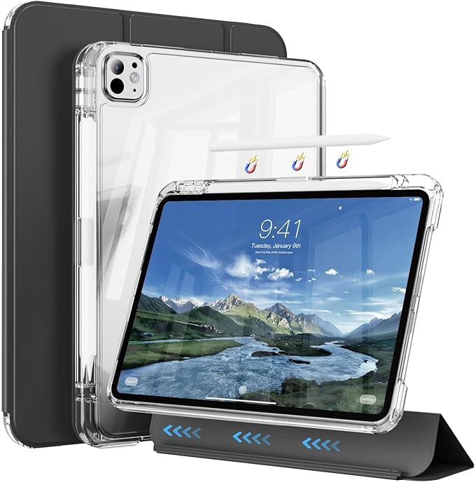 Case for iPad Air 13 Inch M3/M2 (2025/2024) &amp Pro 12.9 Inch 6th/5th/4th/3rd Generation 2022/2021/2020/2018 with Pencil Holder 2 in 1 Detachable Trifold Sliding Cover with Clear Back Shell Black