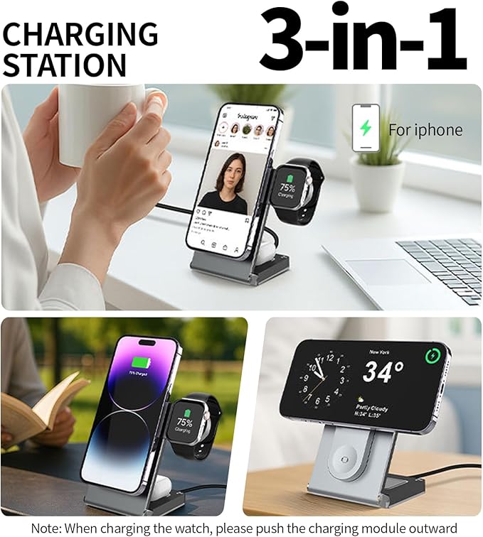 3 in 1 Wireless Charging Station 15W Fast Charging MagSafe Qi2 Certified for iPhone 16/15/14 Apple Watch Ultra AirPods Pro 2