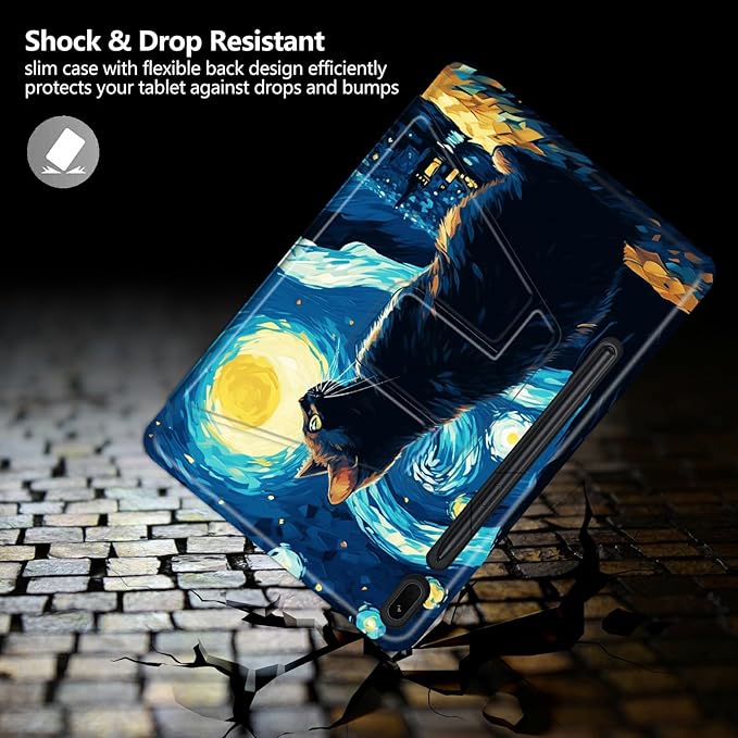 Case for Samsung Galaxy Tab S8 Plus 2022/S7 FE 2021/S7 Plus 2020 12.4 Inch Cat On Starry Night Theme 360 Degree Rotating Stand Smart Protective Cover for Samsung S7 FE Tablet