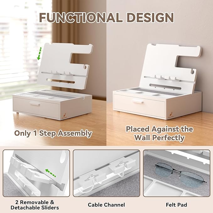 Pezin &amp Hulin Wooden Charging Station Bedside Nightstand Tray with Spacious Drawer Felt Pads for Phones Watch Idea Gifts for Him Birthday Son Christmas for Papa Fathers Day (White)