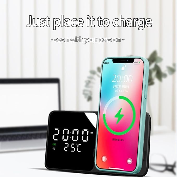 Multi-Function Wireless Charging Station with Digital Clock &amp Thermometer 15W Fast Qi-Certified Charger Alarm Clock Fixed Stand Compatible with All Qi-Enabled Phones-W5 White