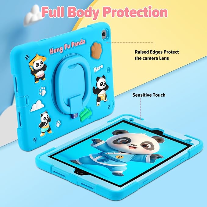 Case for iPad 9th/8th/7th Generation iPad 10.2 Inch 2021/2020/2019 Funny Cartoon Silicone 3D Panda Design Kids Case Heavy Duty Protection with Stand/Pencil Holder/Shoulder Strap