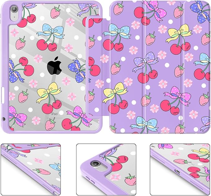 Tuiklol for 2025 iPad (A16 Chip) 11th Generation 11 inch/iPad 10th Gen 10.9 inch 2022 Case Buit in Pencil Holder with Clear Back Shell Cover Trifold Stand Auto Wake/Sleep Strawberry Cherry Purple