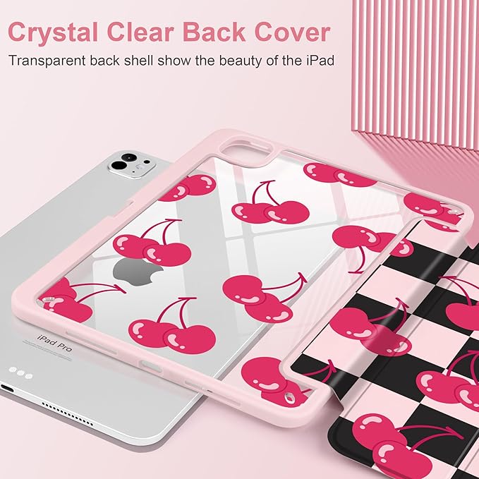 DONGKE for iPad Pro 11-Inch Case (M5 2025 / M4 2024) 6th/5th Generation [Auto Sleep/Wake &amp Pencil Pro Holder] Clear Acrylic Back Smart Trifold Stand Cover Cherry Checkers