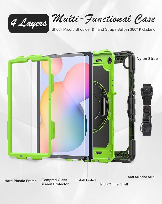 Case for Samsung Galaxy Tab S6 Lite Case 10.4 [with Tempered Glass Screen Protector] 2024/2022/2020 (SM-P610/P615/P613/P619) Rotating Kickstand Shoulder &amp Hand Strap (Green)