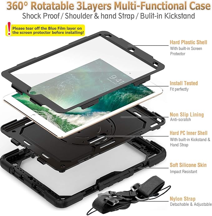 SEYMAC stock Case for iPad Air 3 2019 / Pro 10.5'' with Screen Protector Pen Holder [360° Rotate Hand Strap/Stand] Drop-Proof Case (Black)