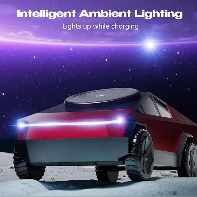 CyberDock 3-in-1 Wireless Charging Station Cybertruck 1:25 Scale Charger with Qi2 Certified 15W Charging for iPhone iWatch AirPods Magnetic Rotating Charger with Ambient Light 30W Adapter Red
