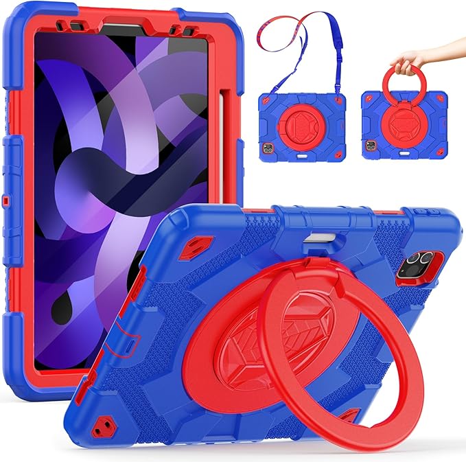 SCSVPN Kids Case for iPad Air 5th/4th Generation 10.9-inch 2022/2020 &amp iPad Pro 11'' 4th/3rd/2nd/1st Gen 2022 2021 2020 2018 Protection Case with Pen Holder Stand Handle Shoulder Strap Red Blu