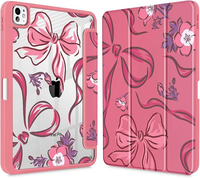 Mektron Case for M5/ M4 iPad Pro 11 inch 2025/2024 with Pencil Holder Compatible Models: A3357/A3358/A3359/A2836/A2837/A3006 Shockproof Cover Clear Shell Flowers-Bows-Red