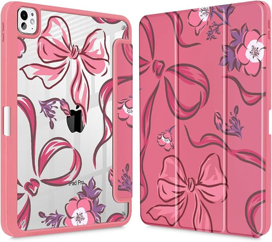 Mektron Case for M5/ M4 iPad Pro 11 inch 2025/2024 with Pencil Holder Compatible Models: A3357/A3358/A3359/A2836/A2837/A3006 Shockproof Cover Clear Shell Flowers-Bows-Red