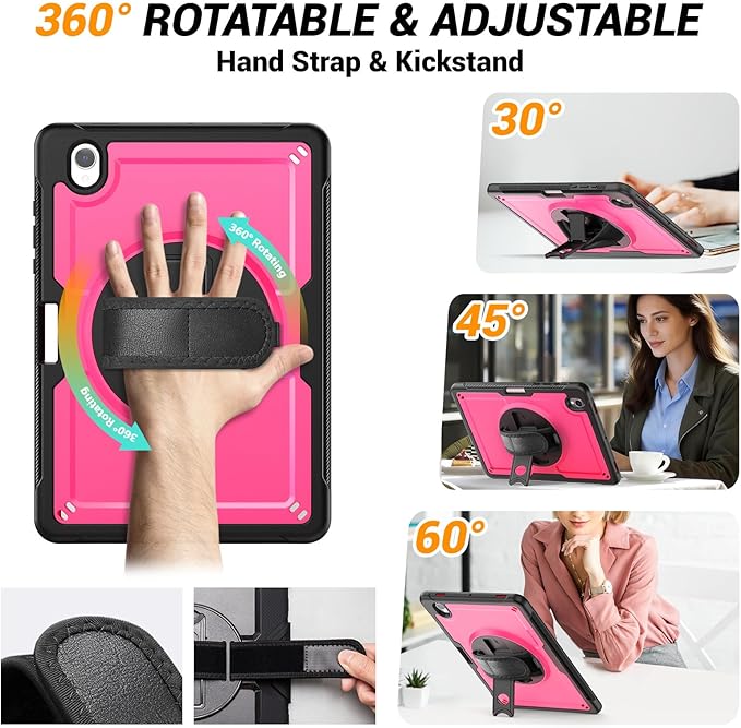Case for Samsung Galaxy Tab S10 Lite / S10 FE / S9 FE 5G / S9 Tablet Case 10.9''/ 11'' with Screen Protector Pen Holder 360°Rotate Hand Strap/Stand Shoulder Strap Rose Red