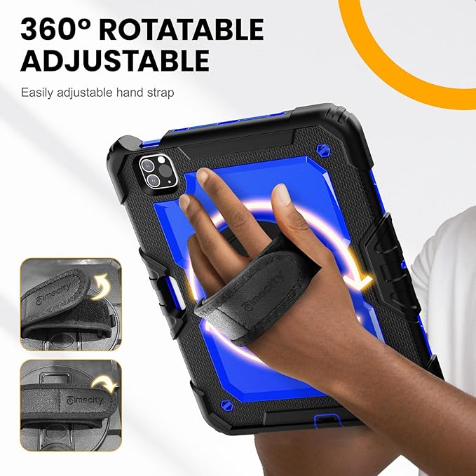 Timecity Case for iPad Pro 11 inch 4th Generation 2022 Shockproof Case with Screen Protector &ampPencil Holder+Rotating Stand+Handle for iPad Pro 11 2021/2020/2018 (3rd 2nd 1st Gen) - Dark Blue