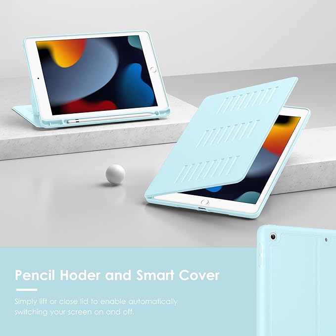 VIKESI Case for iPad 9th / 8th / 7th Generation 10.2 inch (2021/2020/2019 Released)Multiple Angles Magnetic Stand CoverShockproof BackPencil Holderand Auto Sleep/WakeIce Blue