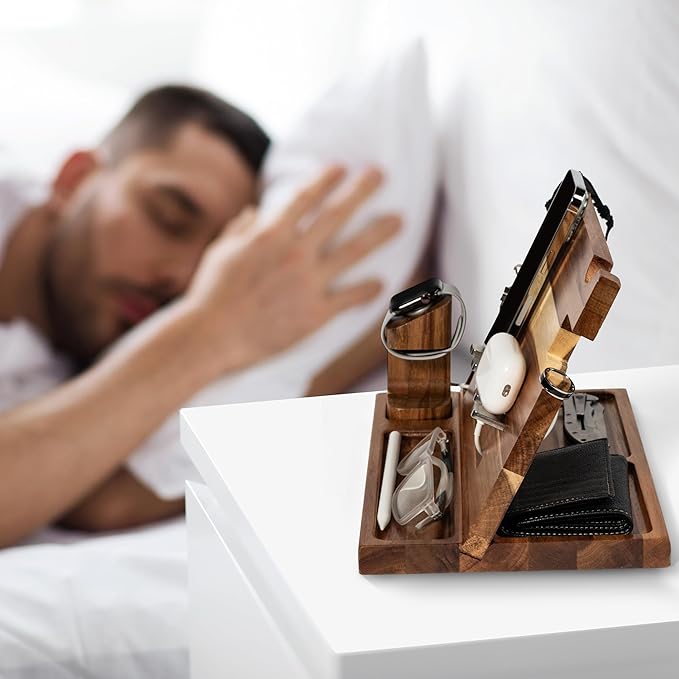Wood Phone Docking Station for Men Nightstand Organizer Gifts for Him from Daughter Son Wife Christmas Anniversary Birthday Gift Ideas for Husband Him