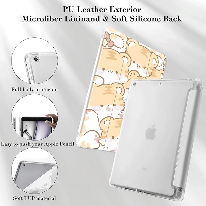 Idocolors Cute Kawaii Tiger Pad Case for 10.5 Inch iPad Pro(2017)/iPad Air 3 Clear TPU Trifold Stand Back Cover with Pencil Holder Auto Wake/Sleep Foldable Shockproof Protective Case