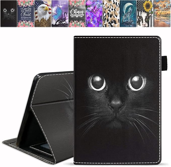 Case for All-New Kindle Fire HD 10/Fire HD 10 Plus Tablet (11th Generation 2021 Release) Premium PU Leather Cover with Card Slot &amp Pencil Holder Cute Black Cat Face