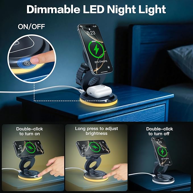 ZealSound 3-in-1 Foldable Magnetic Wireless Charger Stand – 15W Fast Charge with Night Light &amp Includes 30W Adapter Portable Charging Pad for iPhone Apple Watch &amp AirPods 2/3 Home Office