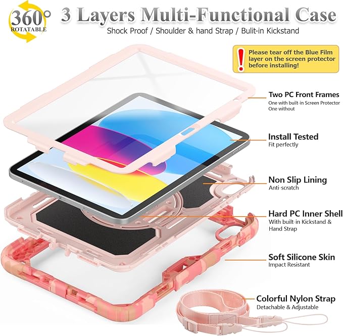SEYMAC stock Case for iPad (A16) 11th/10th Generation 11''/10.9'' 2025/2022 Full-Body Drop Protection Case with Screen Protector &amp360° Rotate Hand Strap/Stand Camo Pink