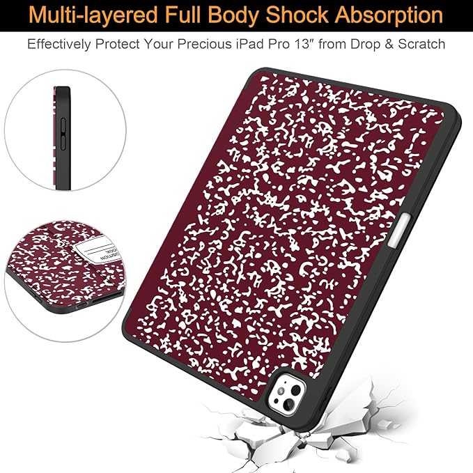 Soke Case for New iPad Pro 13 Inch (M5/M4 2025/2024 Release) with Pencil Holder Trifold Stand Shockproof [Support Apple Pencil Charging + Auto Wake/Sleep] Soft TPU Back Cover Book Wine
