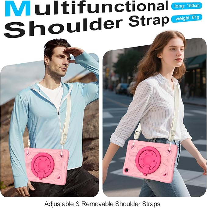 Case for Samsung Galaxy Tab A11+ Plus/ A9+ 11 inch 2025/2023 with Screen Protector 360°Rotating Stand &amp Shoulder Strap Pencil Holderfor Tab A11 Plus / A9 Plus Tablet Case Kids (Pink+Hot Pink)