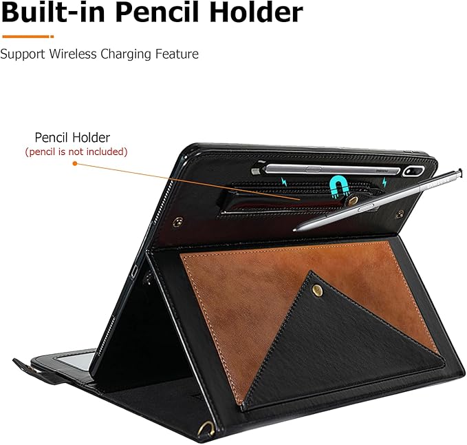 Dteck Case for Galaxy Tab S10 Plus/S9 FE Plus/S9+/S8+/S7 FE/S7+ 12.4Business PU Leather Fold Stand Protective Cover with S Pen Holder Shoulder Hand Strap Card Slots Bag Wallet CoverCoffee/Black
