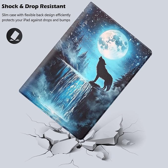 Tablet Case for iPad 10th Generation 10.9 Inch with Magnetic Auto Wake/Sleep and Multi-Angle Adjustable Stand Cover - Wolf Under The Moon