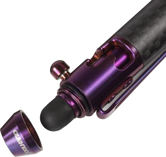 Cool Hand 4.9'' Carbon Fiber Bolt Action Pen with Retractable Stylus Tip for Any Touch Screen Ballpoint Ink Refillable Compact Size Skelton Out Deep Pocket Clip (Carbon Fiber Purple)