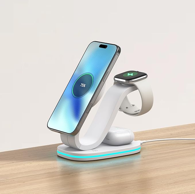 4-in-1 Wireless Charging Station Qi2 15W Charger Station for iPhone 17/16/15/14/13/12 Series Watch Airpods 1-8/Ultra iPad AirPods (White 4 in 1)