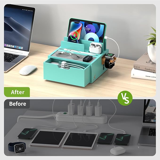 Pezin &amp Hulin Bamboo Charging Station for Multi Device with Power Charger &amp Cables Nightstand Docking Stand with Felt Pad Tray &amp Drawer Compatible with Tablet Cell Phone Smart Watch-T