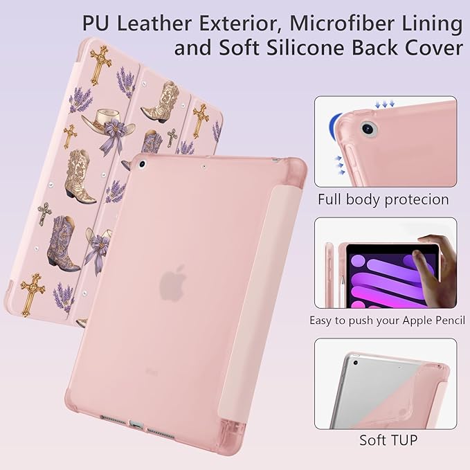 Western Cowgirl Boots Hat Cross for iPad Pro 13 Inch Case (M5/M4) 2025/2024 with Pencil Holder Auto Sleep/Wake Pink Leather Soft TPU Back Cover
