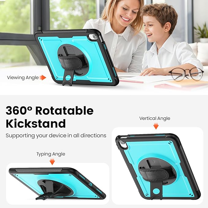 Case for iPad (A16) 11th/10th Generation 11''/10.9'' 2025/2022: Shockproof Protective Case with Hand/Shoulder Strap Pencil Holder Rotate Stand Screen Protector Sky Blue