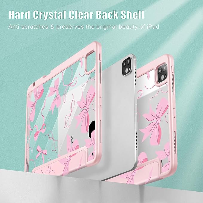 May Chen for iPad Pro 11 inch M2 4th Generation 2022 iPad Pro 11 3rd/2nd/1st Gen Case with Transparent Shockproof Back Cover [Built-in Pencil Holder Auto Sleep/Wake Pink Bows P631