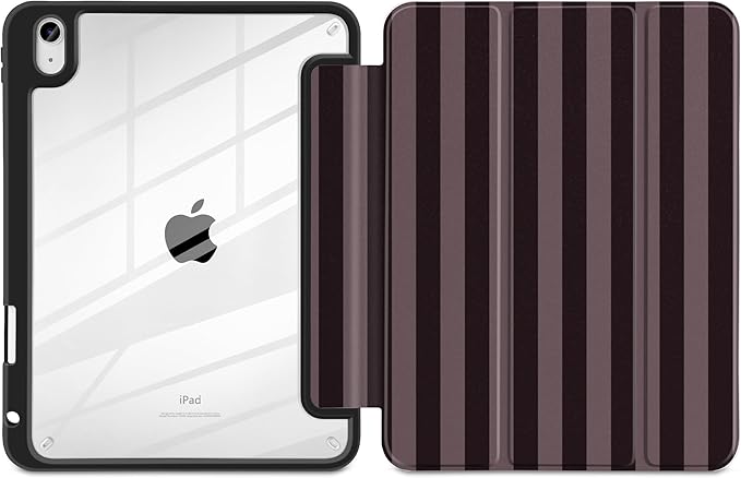 DONGKE Case for iPad (A16) 11th Generation 11 inch 2025 &amp iPad 10th Gen 10.9 inch 2022 [Built-in Pencil Holder] Clear Acrylic Back Trifold Stand Smart Cover Auto Sleep/Wake Brown Stripes