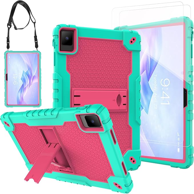 for TCL TAB 10 NXTPAPER 5G 10.4 Inch Tablet case Hybrid Shockproof Silicone Gel Protective Cover with Kickstand for TCL TAB 10 NXTPAPER 5G 10.4 Inch 2025 (9199S) (Green/Pink+2 PCS Glass)