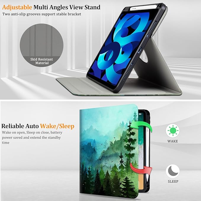 Lokigo Rotating Case for iPad Air 11“ M4/M3/M2 (2026/2025/2024) iPad Air 5th/4th Gen (2022/2020) 10.9” iPad Pro 11“ (4th/3rd/2nd/1st) 360 Degree Stand Cover with Pencil Holder Green Forest