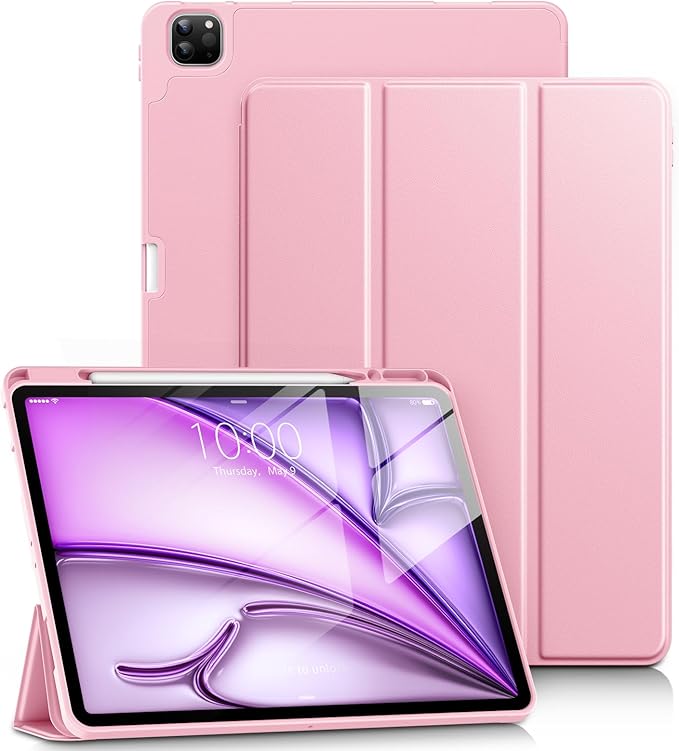DTTO for iPad Air 13 Inch Case M4/M3/M2 2026/2025/2024 iPad Pro 12.9 Inch Case (6th/5th/4th/3rd Gen) Smart Slim Trifold Stand Soft Cover with Pencil Holder Pink