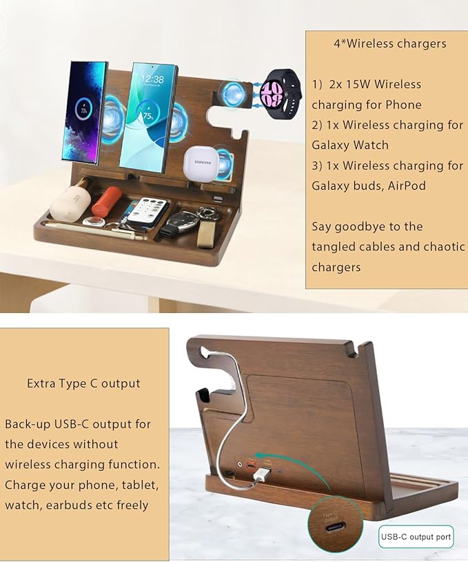 Wireless Charging Station for Samsung 2 Phones Galaxy Watch 7/6/5/4/3/2 Galaxy Buds Wood Phone Docking Station for men Android Charging Station Nightstand Organizer Phone Holder for Desk Gifts for Men