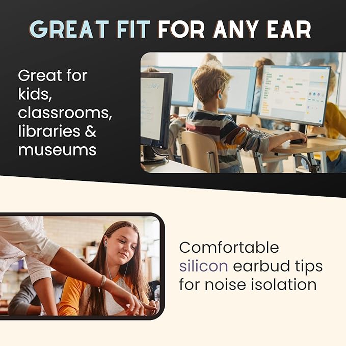 JustJamz Bulk Earbuds 100 Pack | Basic Ear Bud Black Dot in-Ear Earphones Disposable Headphones Class Headphones Set for Students Earphones for Class Kids Classroom Library Wired Earbuds