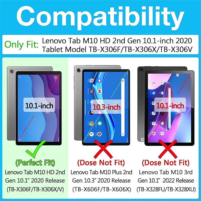 Tablet Case for Lenovo Tab M10 HD 2nd Genneration 10.1 2020 Model (TB-X306F TB-X306X) Rugged Protection Cover with Hand and Shoulder Strap 360 Rotating Kickstand Black