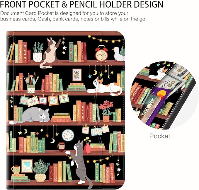 Rotating iPad Air 11-inch Case M4/M3/M2 Case for iPad Air 5th/4th Generation 10.9 Inch 360 Swivel Multi-Angle Adjustable Stand Pencil Holder/Pocket/Hand Strap for iPad Pro 11-inch case Bookshelf Cat